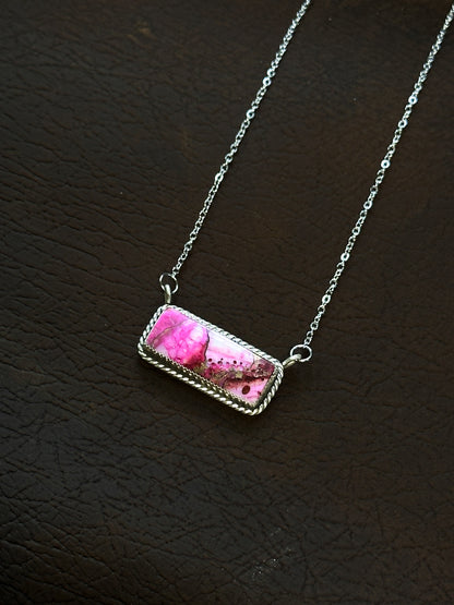 Pink Spiny Oyster/Kingman Turquoise & Sterling Silver Bar Necklace