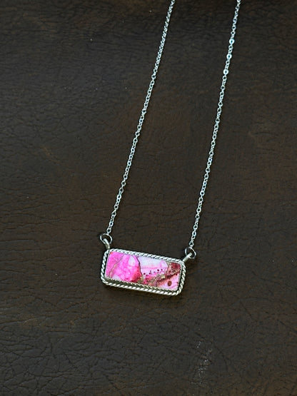 Pink Spiny Oyster/Kingman Turquoise & Sterling Silver Bar Necklace