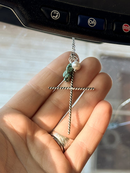 Sterling Silver Rearview Mirror Cross Charm with Pearl & Turquoise