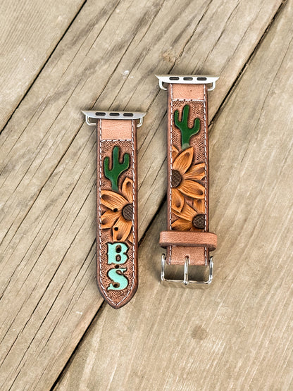 Sunflower & Cactus Painted Leather Smart Watch Band w/ Initials