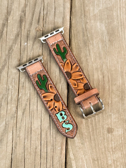 Sunflower & Cactus Painted Leather Smart Watch Band w/ Initials