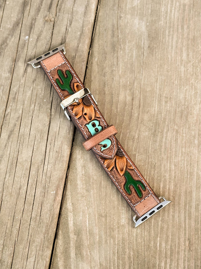 Sunflower & Cactus Painted Leather Smart Watch Band w/ Initials