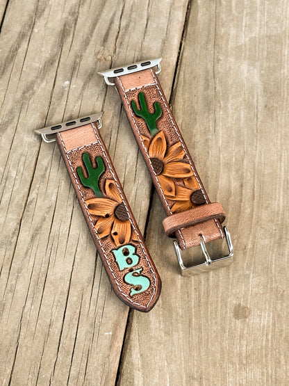 Sunflower & Cactus Painted Leather Smart Watch Band w/ Initials
