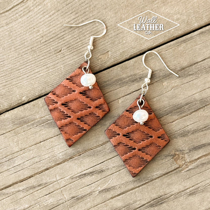 Aztec Print Leather Earrings with Pearl
