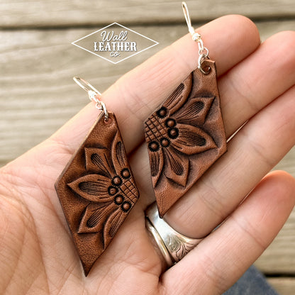 Long Diamond Sunflower Leather Earrings