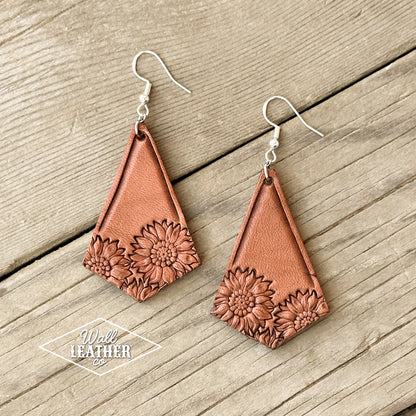 Diamond Sunflower Stamped Leather Earrings