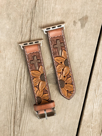 Sunflowers & Cross Painted Leather Smart Watch Band