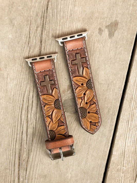 Sunflowers & Cross Painted Leather Smart Watch Band