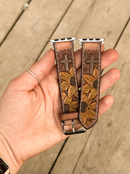 Sunflowers & Cross Painted Leather Smart Watch Band