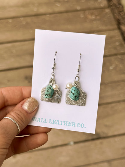 Cattle Tag Paisley Print Earrings with Turquoise & Pearls