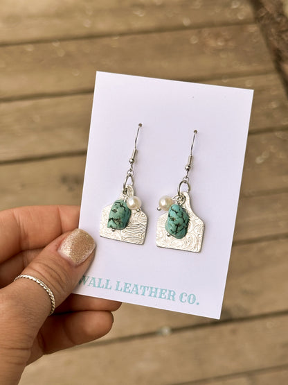 Cattle Tag Paisley Print Earrings with Turquoise & Pearls