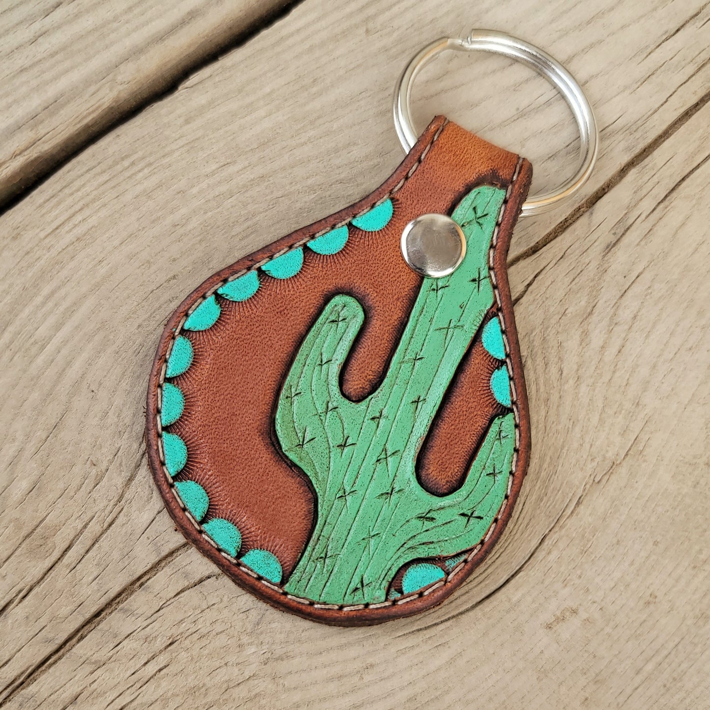 Painted Cactus Round Leather Keychain