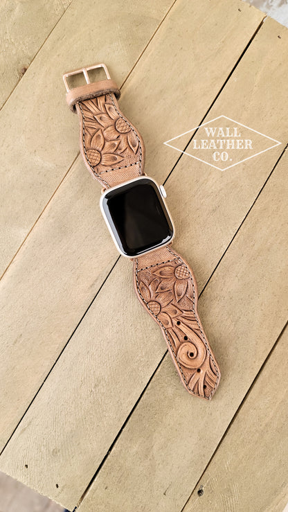 Sunflowers & Scrollwork Leather Smart Watch Band