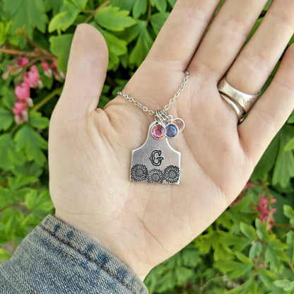 Personalized Initial Cattle Tag Necklace with Birthstones