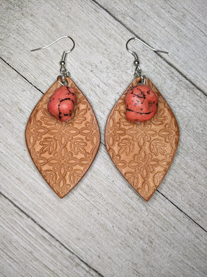 Floral Print Leaf Leather Earrings with Coral