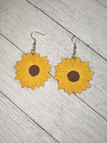 Sunflower Painted Leather Earrings
