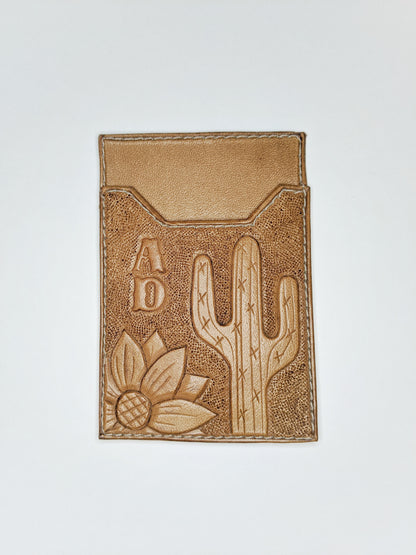 Sunflower & Cactus Tooled Leather Phone Wallet w/ Initials