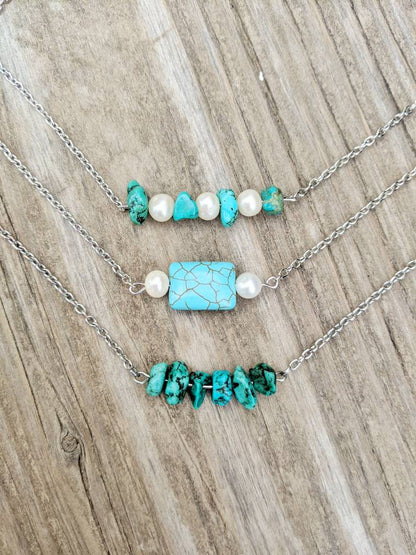 Pearl & Turquoise Chunk Nugget Bar Necklace