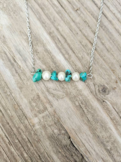 Turquoise & Pearl Nugget Bar Necklace
