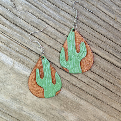 Teardrop Cactus Painted Leather Earrings