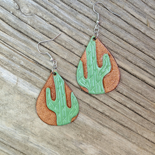 Teardrop Cactus Painted Leather Earrings