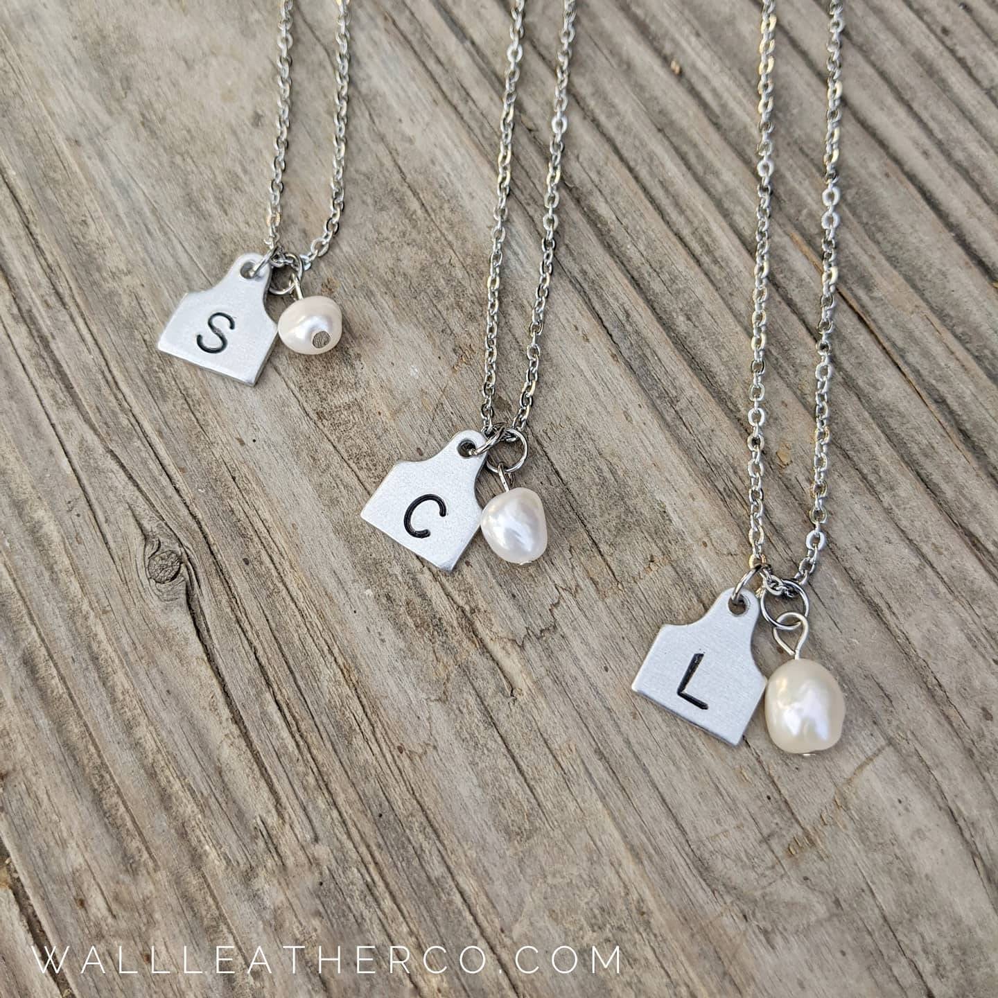 Initial Cattle Ear Tag Necklace - Pearl