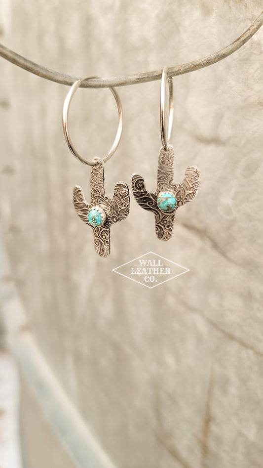 Tarnished Cactus Hoop Earrings with Turquoise
